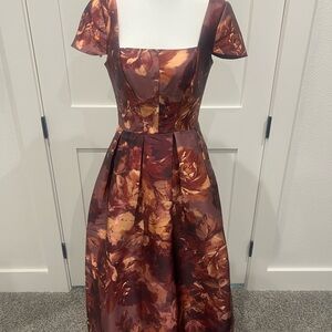 Kay Unger Red and Gold Floral Midi Dress